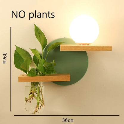 Modern Wooden LED Wall Lamp with Green Plant Design – Nordic Home Decor