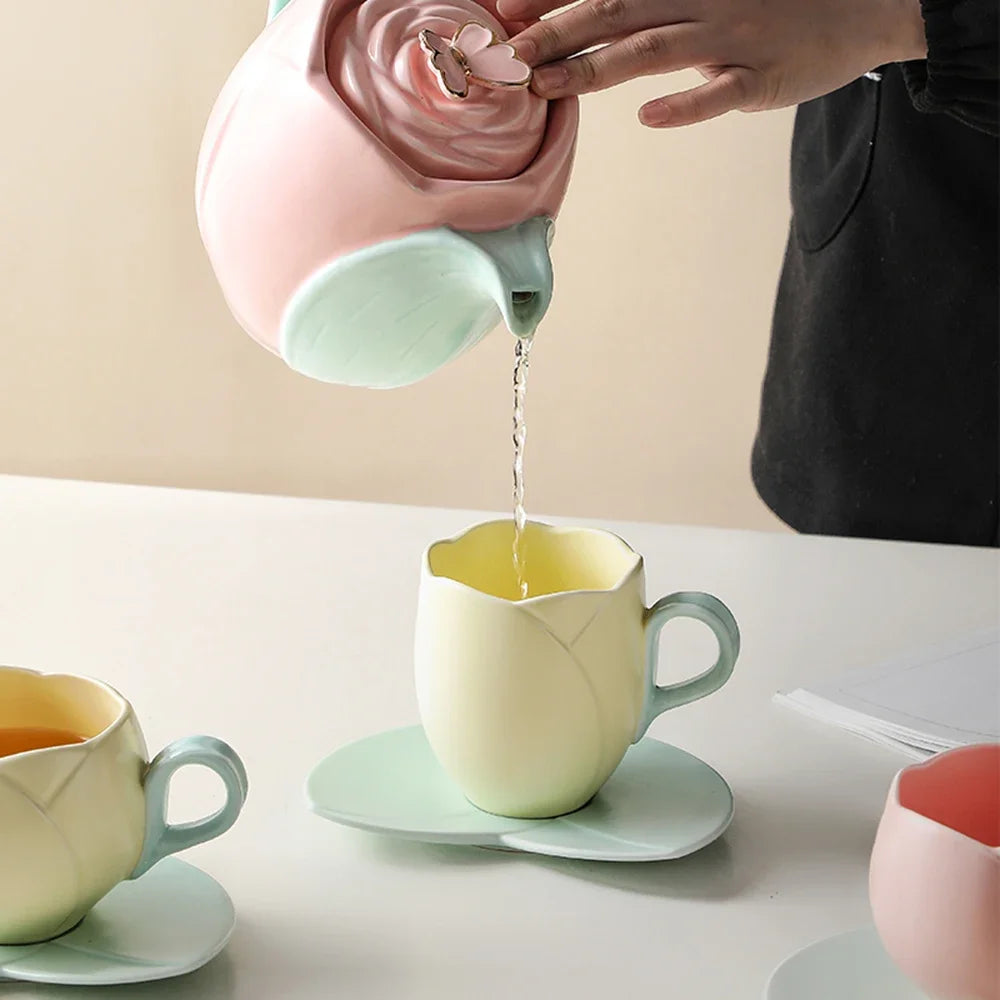 European-Style Tulip Ceramic Milk Tea & Cappuccino Cup Kit