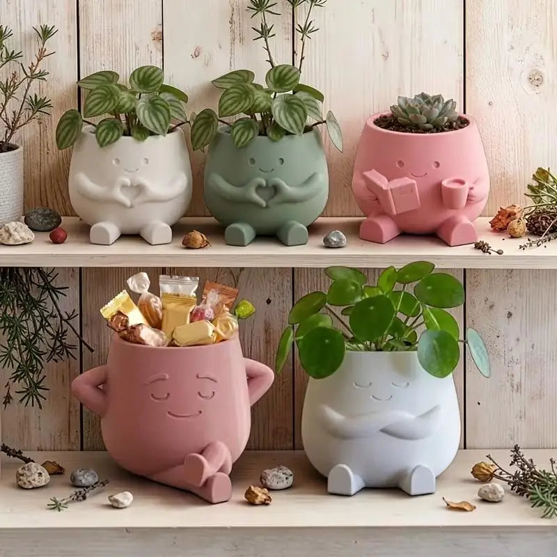 2pcs Unique Sitting Chair Face Flower Vase Cute Resin Head Planter Durable Succulent Pots Home Yard Desktop Garden Decoration
