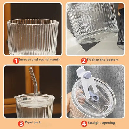 450ml Creative Stripe Glass Cup with Lid & Straw 🥤✨