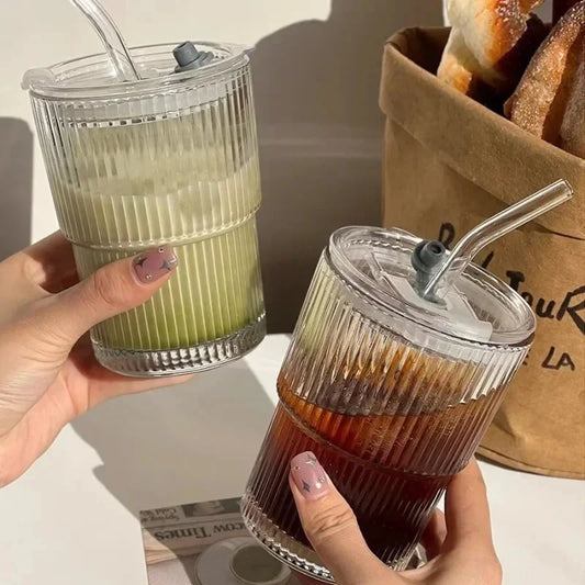 450ml Stripe Glass Cup with Lid & Straw 🥤✨