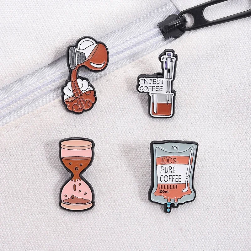 100% Pure Coffee Bag Medical Enamel Pins Coffee Filling Brain Inject Coffee Hourglass Brooch Lapel Badge Jewelry Gift for Friend