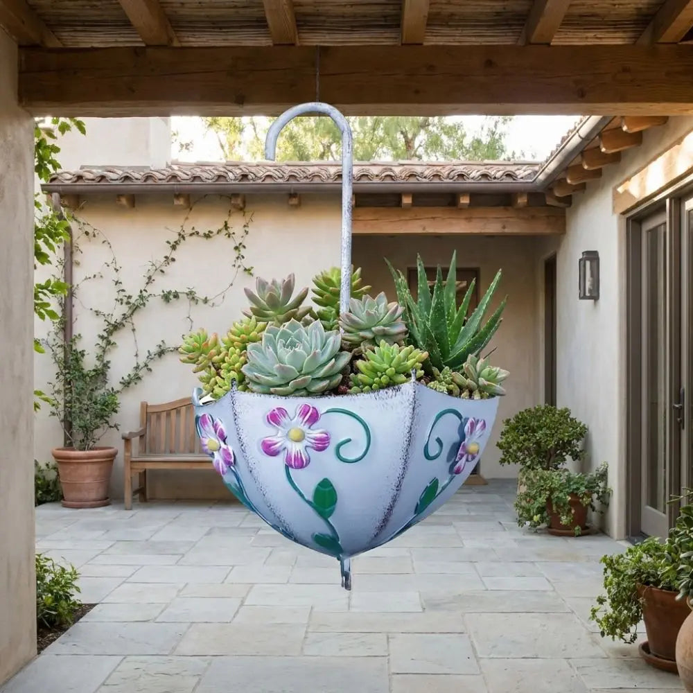 Iron Art Umbrella Shaped Flower Pot Wall Mounted Rustic Style Hanging Plant Planter Large Capacity Funny Plant Container