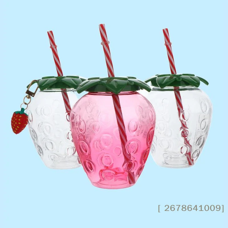 ⚑Strawberry Shaped Plastic Cup With Straw Cute Water Bottle Portable Drinking Cup Beverage Cups For Summer Party Home Use