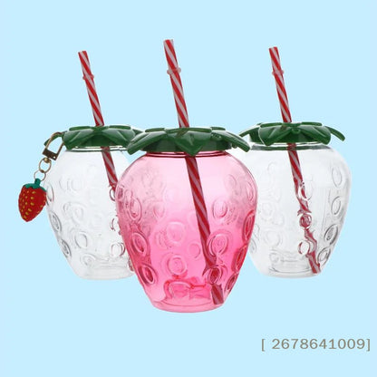 ⚑Strawberry Shaped Plastic Cup With Straw Cute Water Bottle Portable Drinking Cup Beverage Cups For Summer Party Home Use