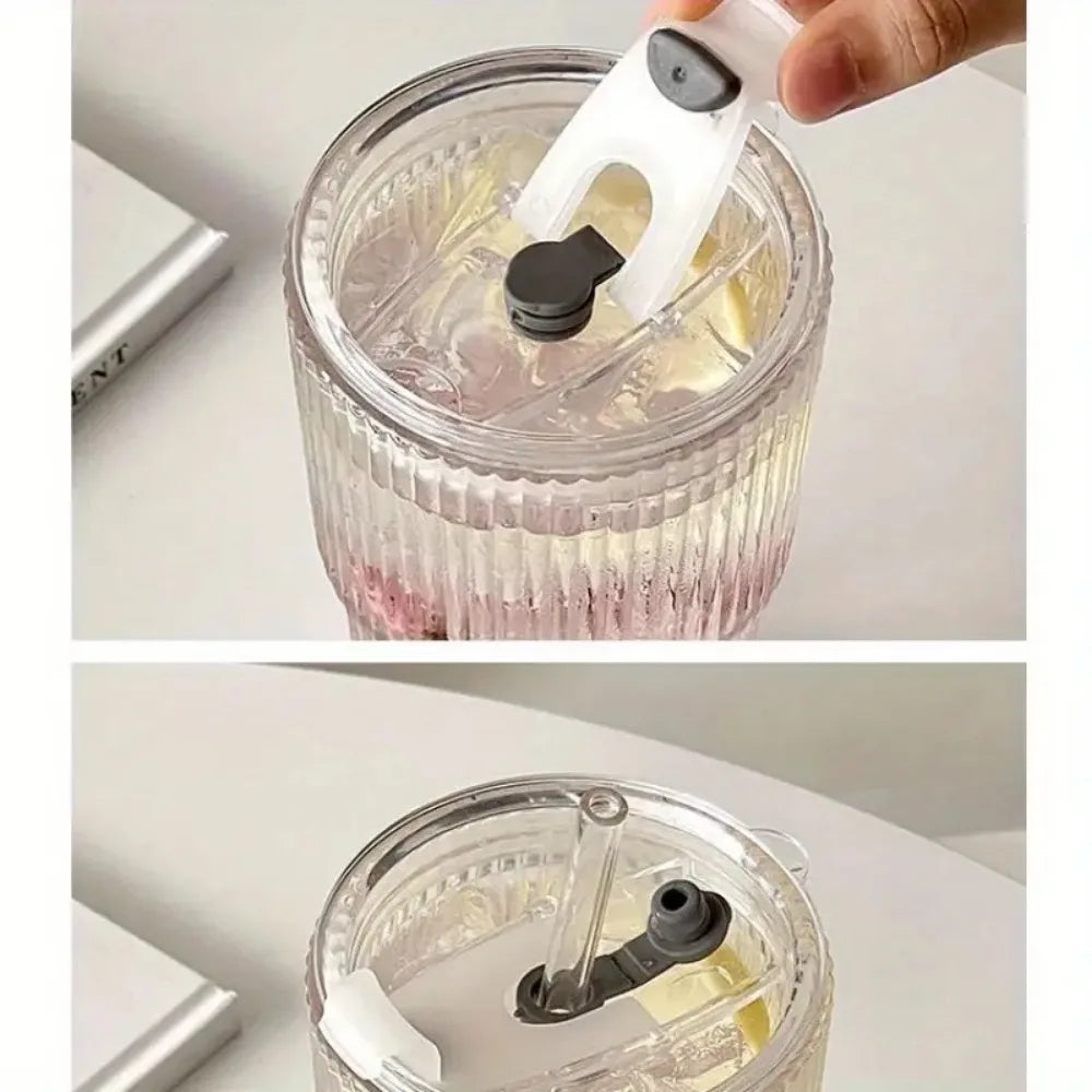 600ml Stripe Glass Cup with Lid & Straw 🥤✨