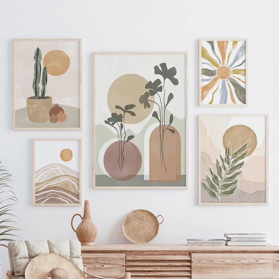 Wall Art Canvas Painting Abstract Geometry Sun Leaves Fern Cactus Nordic Posters And Prints Boho Pictures For Living Room Decor