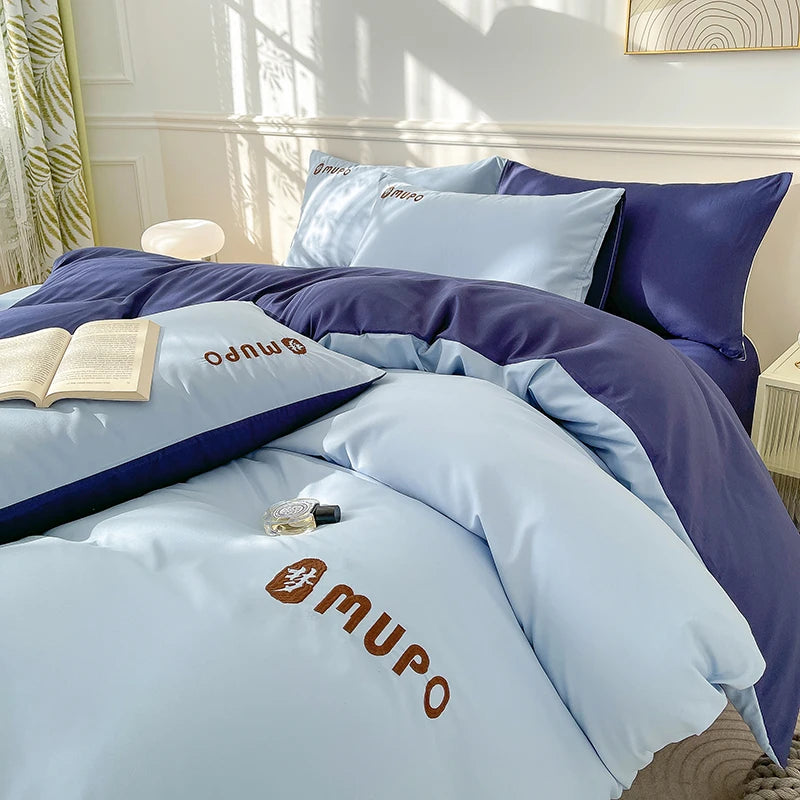 طقم مفروشات من القطن المغسول بلون واحد غطاء لحاف بسحاب، أغطية وسائد، مفرش سرير مطرز فائق النعومة