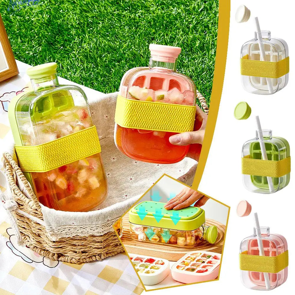 Summer Ice Cube Tray With Straw 2 in1 Ice Tray And Water Bottle For Ice Maker Silicone Ice Cube Portable Kettle Reusable Icecup