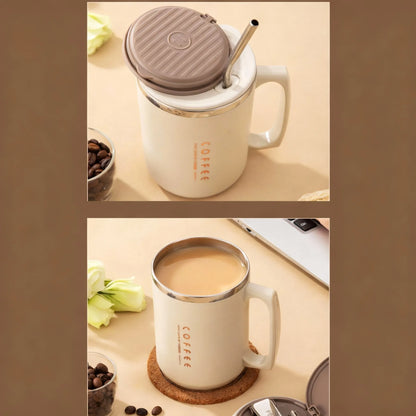 480ML Thermos Cup With Spoon&amp;Straw 304 Stainless Steel Coffee Mug Reusable Leak-proof Drinking Cup Drinkware For Student Adult