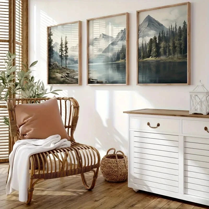 3-Piece Minimalist Green Landscape Nature Art Print for Living Room