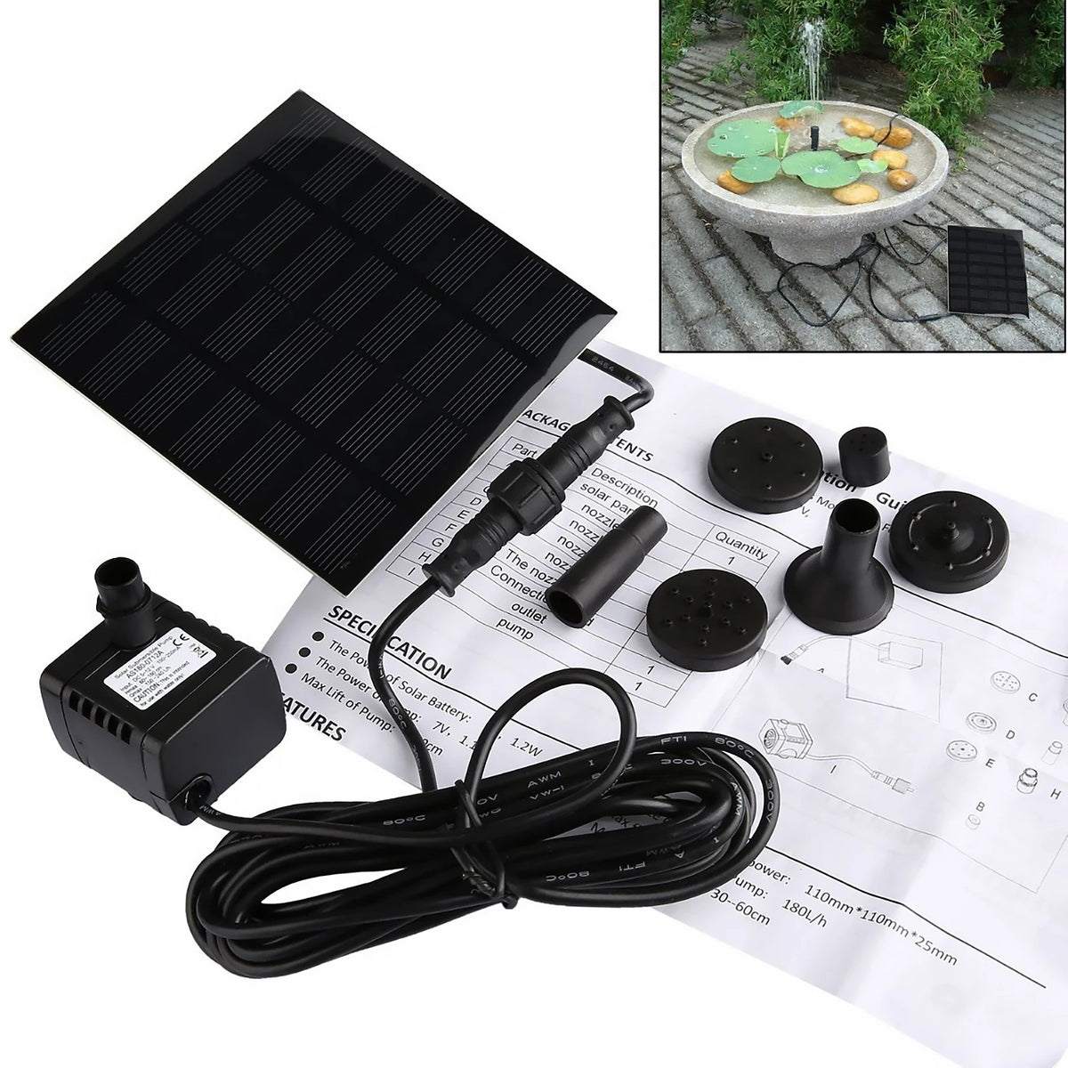 Solar Water Pond Pump Multifunctional with 6 Nozzles Hydroponics Submersible Pump Decorative Props for Pool Fountain Submersible