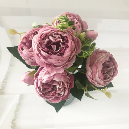 30cm Premium Rose Pink Silk Peony Bouquet (5 Big Heads & 4 Buds)