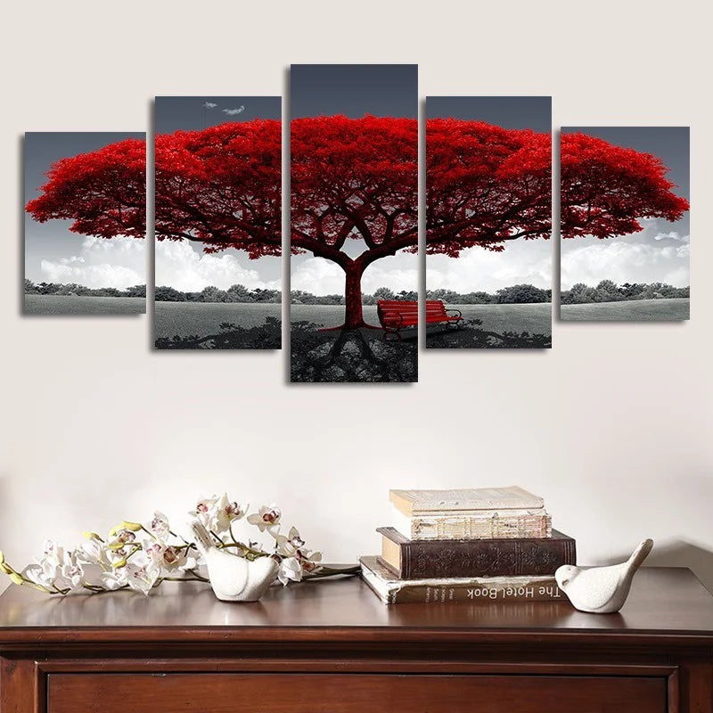 5Pcs/Set Modern Red Lucky Tree Wall Art Canvas Posters