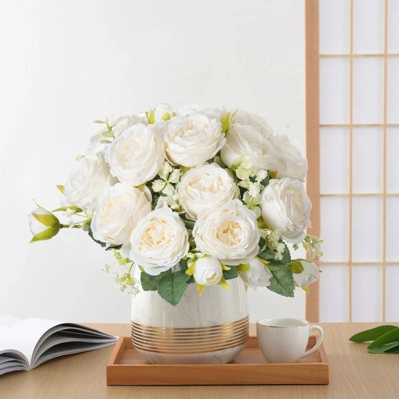 Premium Silk White Peony Artificial Flowers for Home Vase Decor