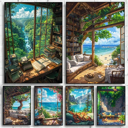 Modern Cartoon Seaside Cottage Summer Scenery Canvas Poster