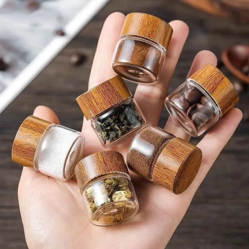 10/20/30ml Mini Glass Bottles Spice Jars with Lids Seasoning Nuts Coffee Beans Storage Jar Wood Sealed Bottle Airtight Canisters