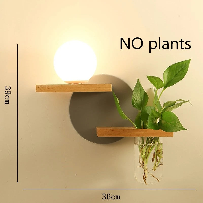 Modern Wooden LED Wall Lamp with Green Plant Design – Nordic Home Decor