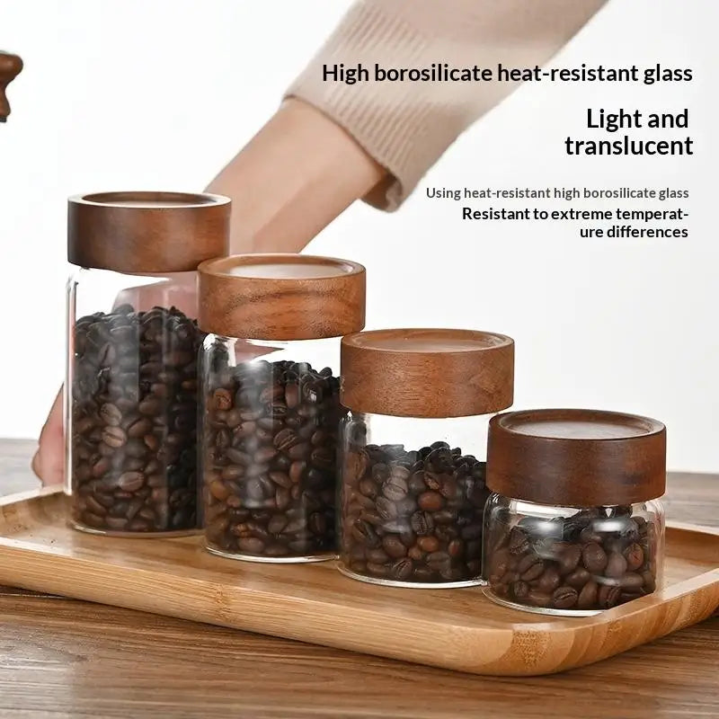 (.) Coffee Beans Sealed Tank Transparent Glass Container With Wood Lid Food Storage Jars Candy Dried Jars Household Organizer