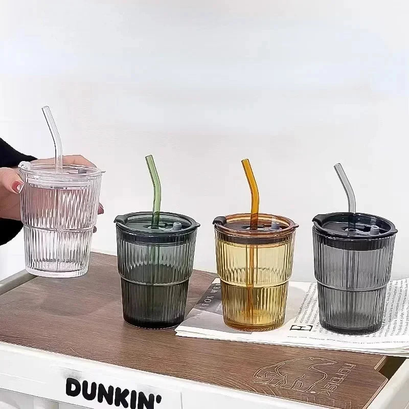 450ml Stripe Glass Cup with Lid & Straw 🥤✨