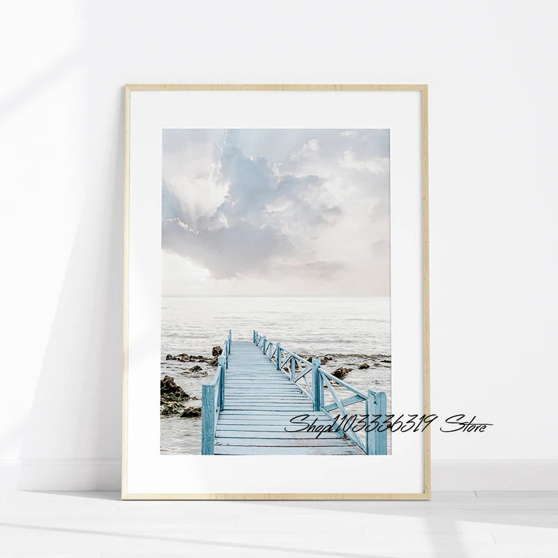 Beach Coastal Ocean Landscape Canvas Poster with Pampas Grass