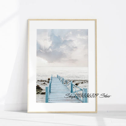 Beach Coastal Ocean Landscape Canvas Poster with Pampas Grass