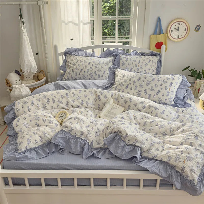 طقم مفروشات سرير بتصميم أميرة كوري مكشكش مكون من 3/4 قطع، مقاسات مفرد ومزدوج وكينج، غطاء لحاف وملاءة سرير وأغطية وسائد
