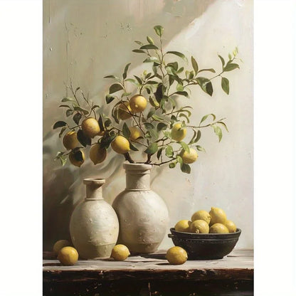 Retro Still Life Lemon & Olive Tree Frameless Canvas Poster