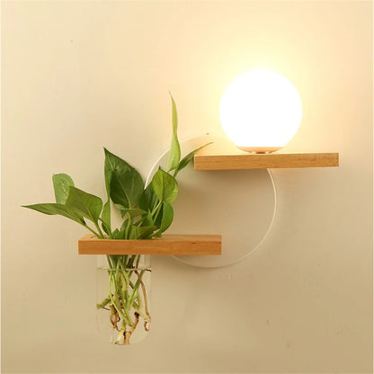 Modern Wooden LED Wall Lamp with Green Plant Design – Nordic Home Decor