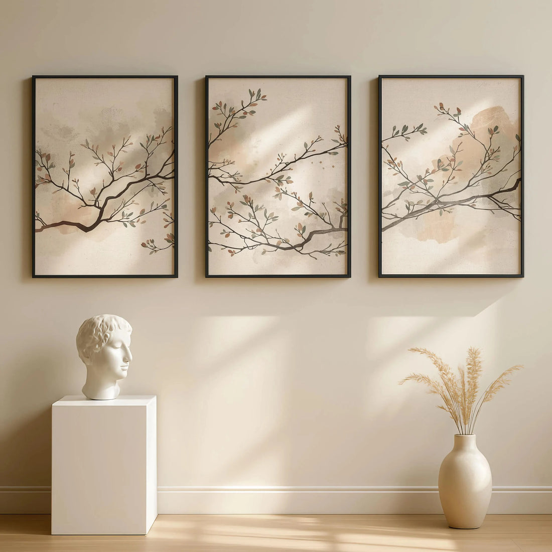 Neutral Botanical Wall Art Set of 3,Japandi Triptych Wall Art,Minimalist Japanese Scandinavian Decor, Beige Taupe Olive Wall Art