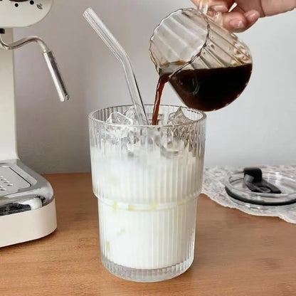 450ml Creative Stripe Glass Cup with Lid & Straw 🥤✨