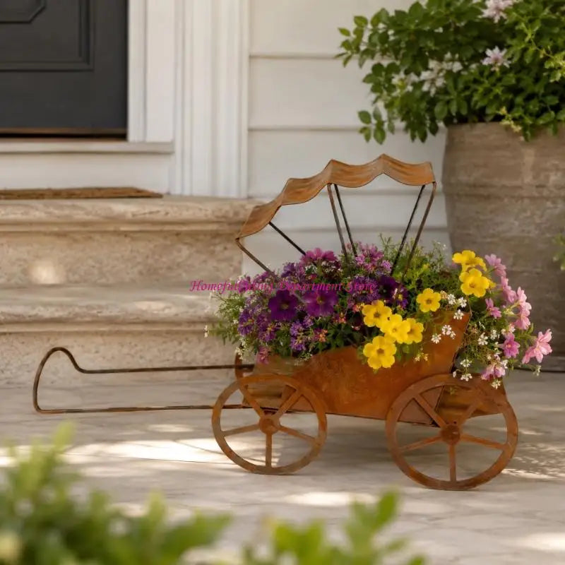 Flower Pot Cart in Metal With Pull Handle and Spoked Aged Holder for Small Pots in Balcony Porch Entry and Garden Area Use