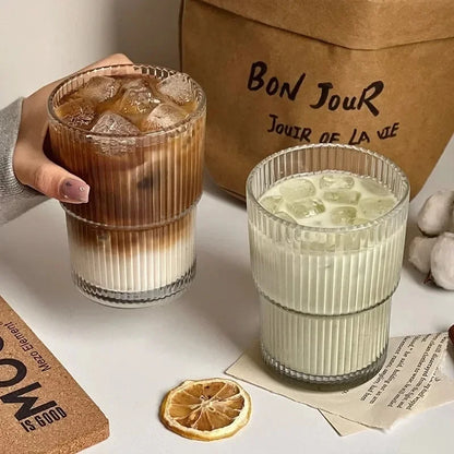 450ml Stripe Glass Cup with Lid & Straw 🥤✨