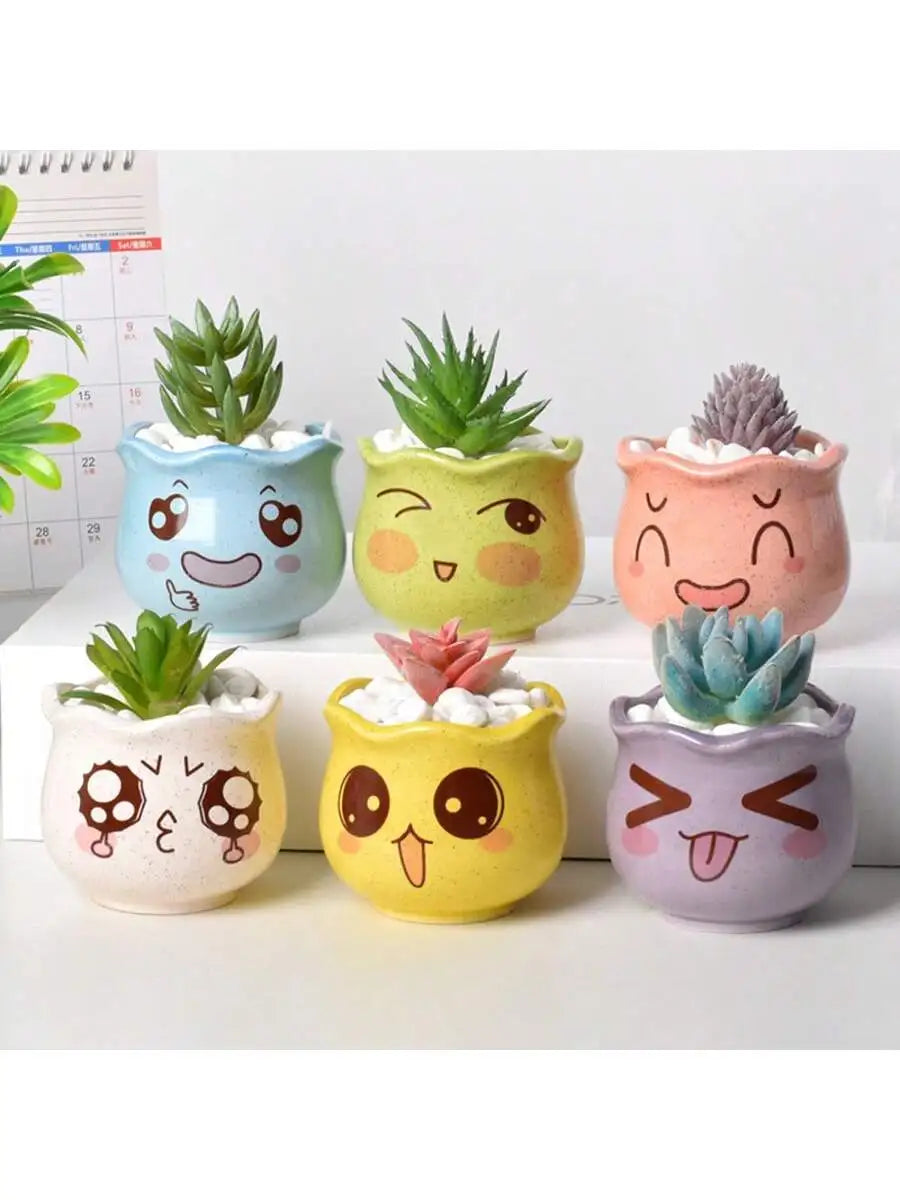 6pcs/set Cartoon Cute Ceramic Flower Pots, Cute Succulent Plant Flower Pot with Drainage Hole Function, Suitable for Succulents
