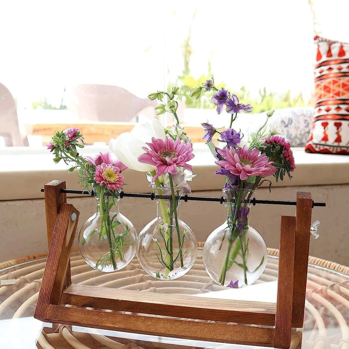 Wooden Frame Hydroponic Glass Vase – Retro Plant Decor