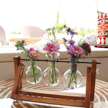 Wooden Frame Hydroponic Glass Vase – Retro Plant Decor