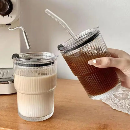 450ml Creative Stripe Glass Cup with Lid & Straw 🥤✨