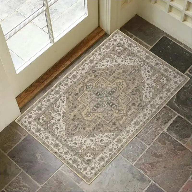 VIKAMA Washable Low Pile Oriental Entry Rug Rustic Terracotta Teal Medallion Design Anti Slip Patio Front Door Floor Mat