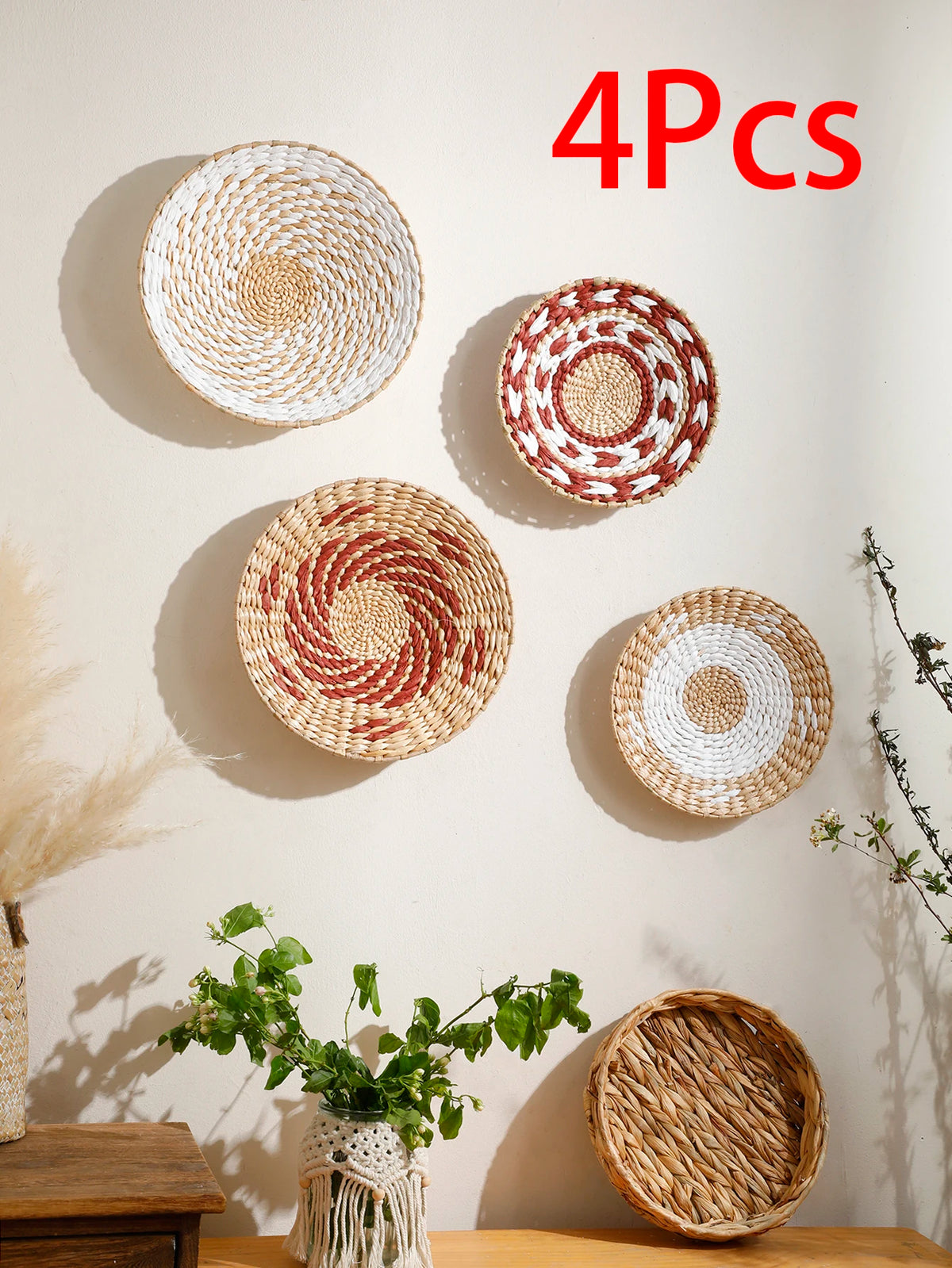 1/6 Pcs Boho Hand Woven Wall Basket Hanging Home Decorative Rustic Wall Basket Decor Art Gift for Kitchen Farmhouse Living Room