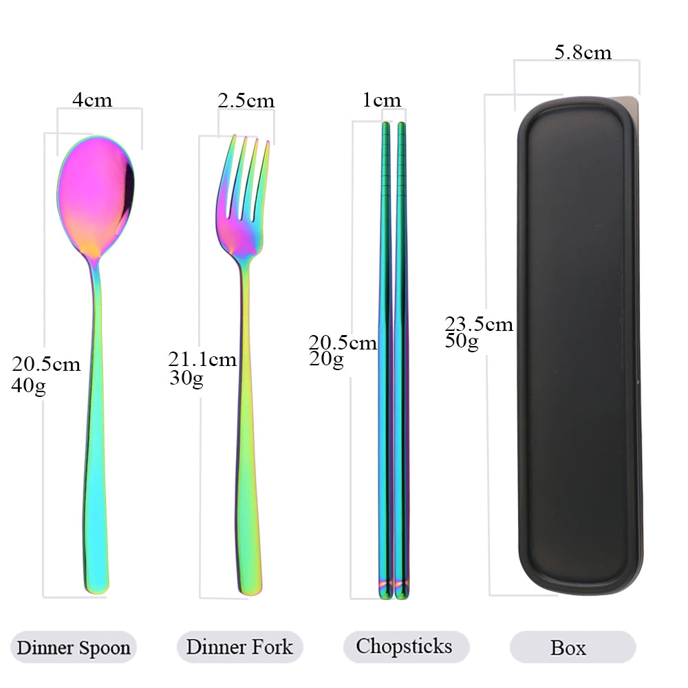 3-Piece Stainless Steel Cutlery Set with Storage Box – Portable Spoon, Fork &amp; Chopsticks