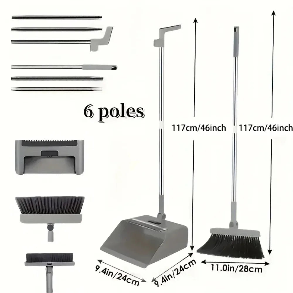 4 in 1 Broom Dustpan Set with Hidden Squeegee for Glass Grease Cleaning Home Use