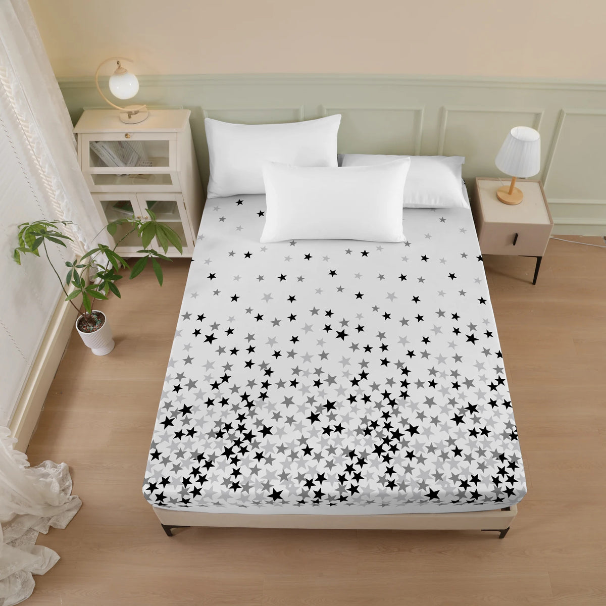 Geometric Star Pattern Printed Fitted Sheet, 1-Piece Mattress Cover (Pillowcase and Pillow Insert Not Included), Simple Line Design Polyester Fiber 3D Dirt-Resistant Mattress Protector, Soft and Breathable Polyester Fitted Sh