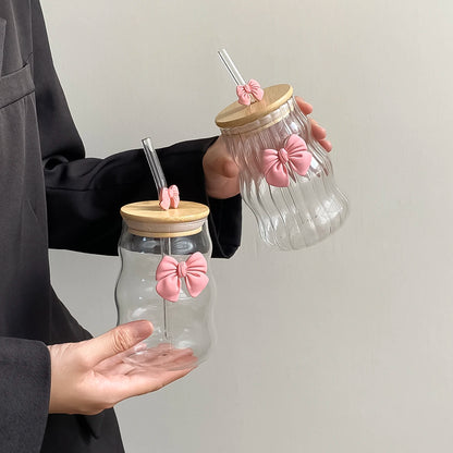 Elegant Bow-Knot Wavy Glass Cup with Lid & Straw 🎀🥤