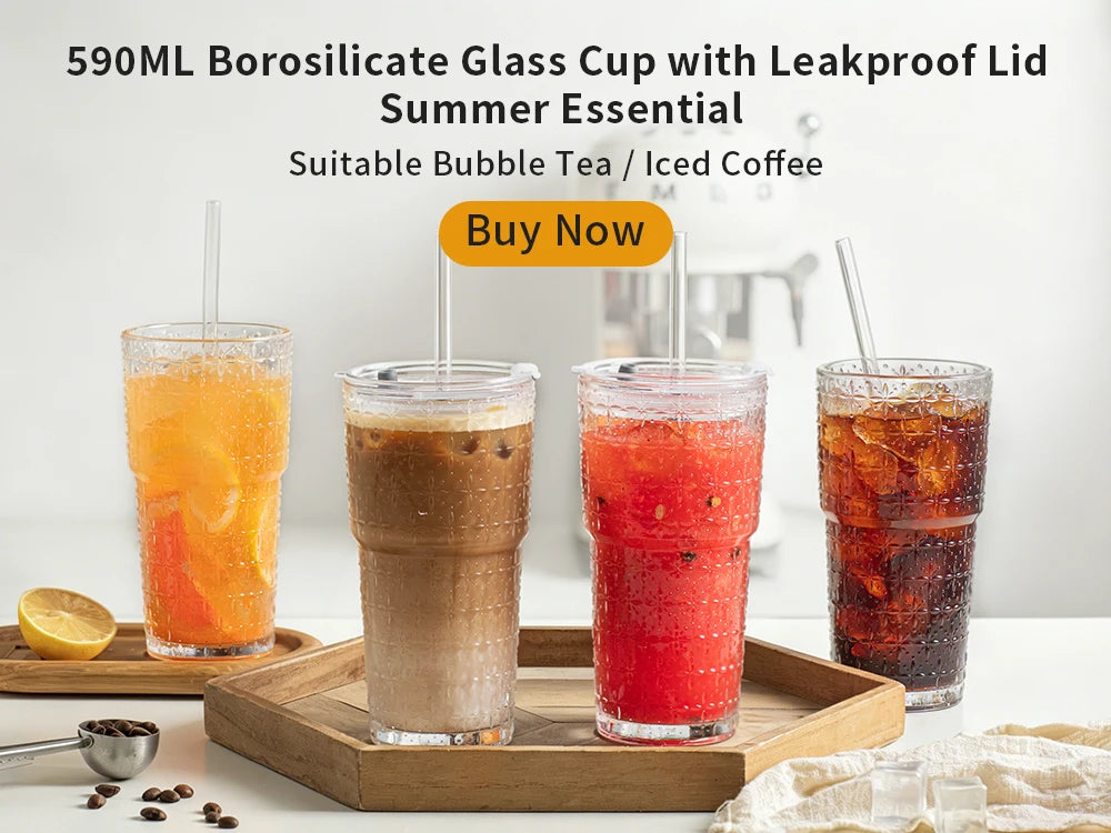 600ML Stripe Glass Coffee Cup with Lid
