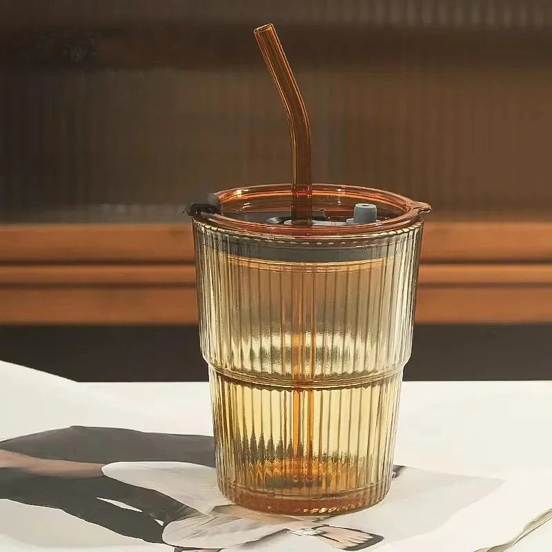 450ml Stripe Glass Cup with Lid & Straw 🥤✨