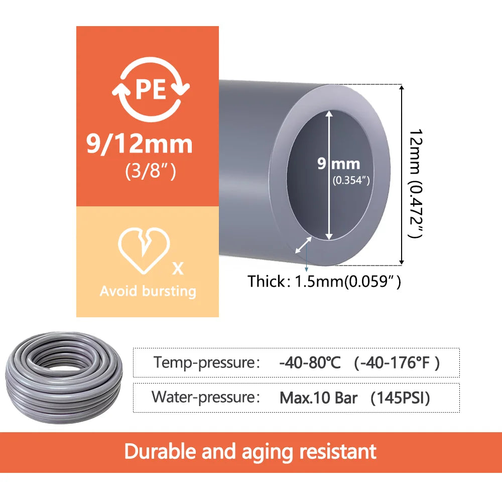 10M/20M/30M 1/4" 3/8" 1/2" Gray PE Hose for Home Garden Areenhouse Drip Irrigation Pipe OD-6mm OD-12mm OD-16mm Watering Tubeing