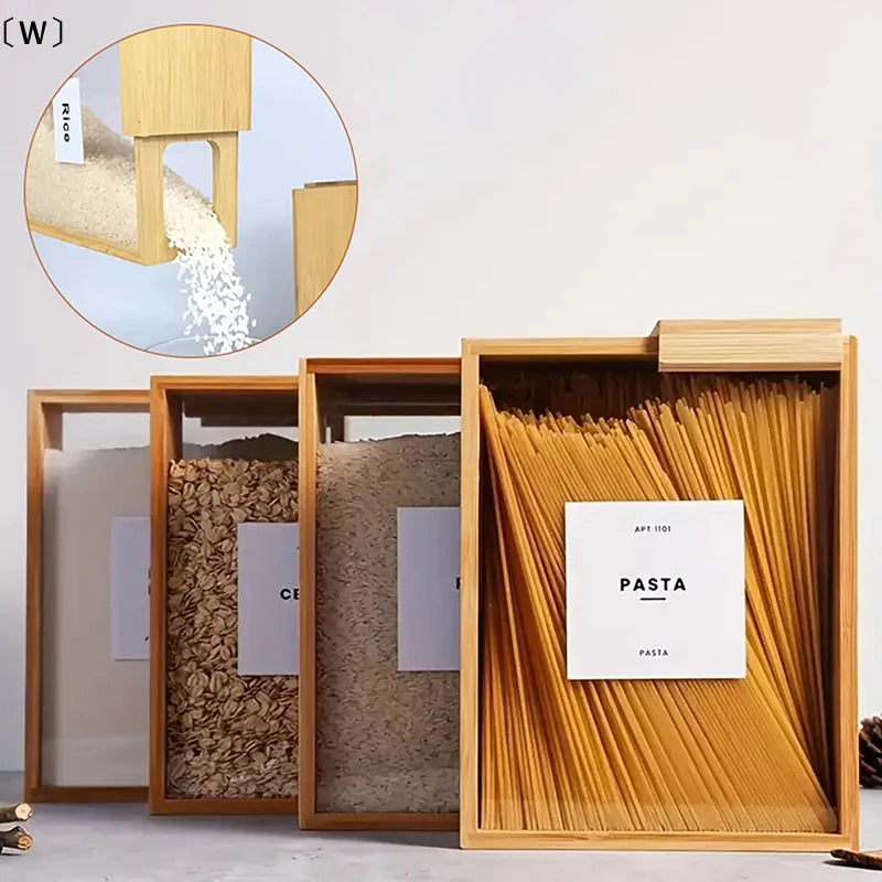 وعاء تخزين الطعام من الخيزران [W]، موزع توابل الطعام بغطاء منزلق شفاف، حاوية تخزين للمطبخ للحبوب والأرز والدقيق