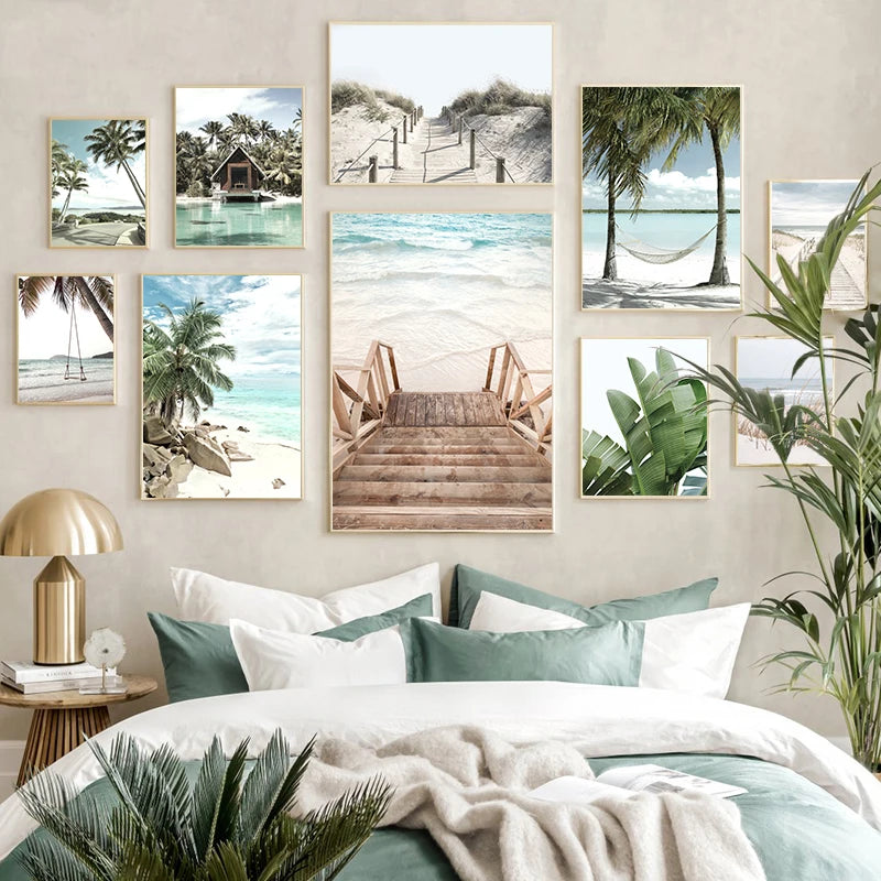 Tropical Beach Ocean Palm Tree & Banana Leaves Canvas Poster