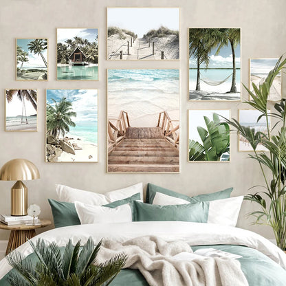 Tropical Beach Ocean Palm Tree & Banana Leaves Canvas Poster