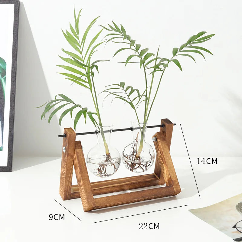 Wooden Frame Hydroponic Glass Vase – Retro Plant Decor